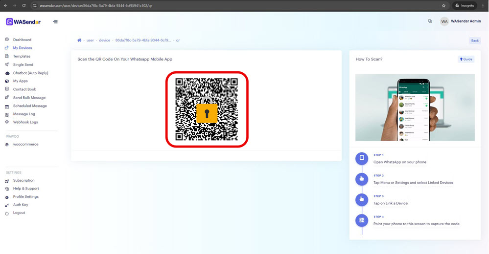 scan QR code to link your WhatsApp to use WASendar